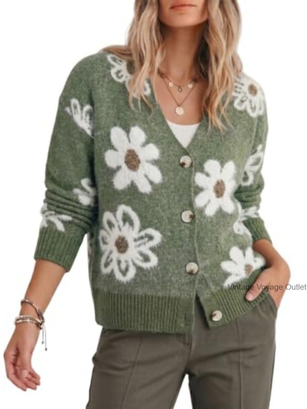 Fuzzy Floral Knit Open Front Cardigan Sweater Women's